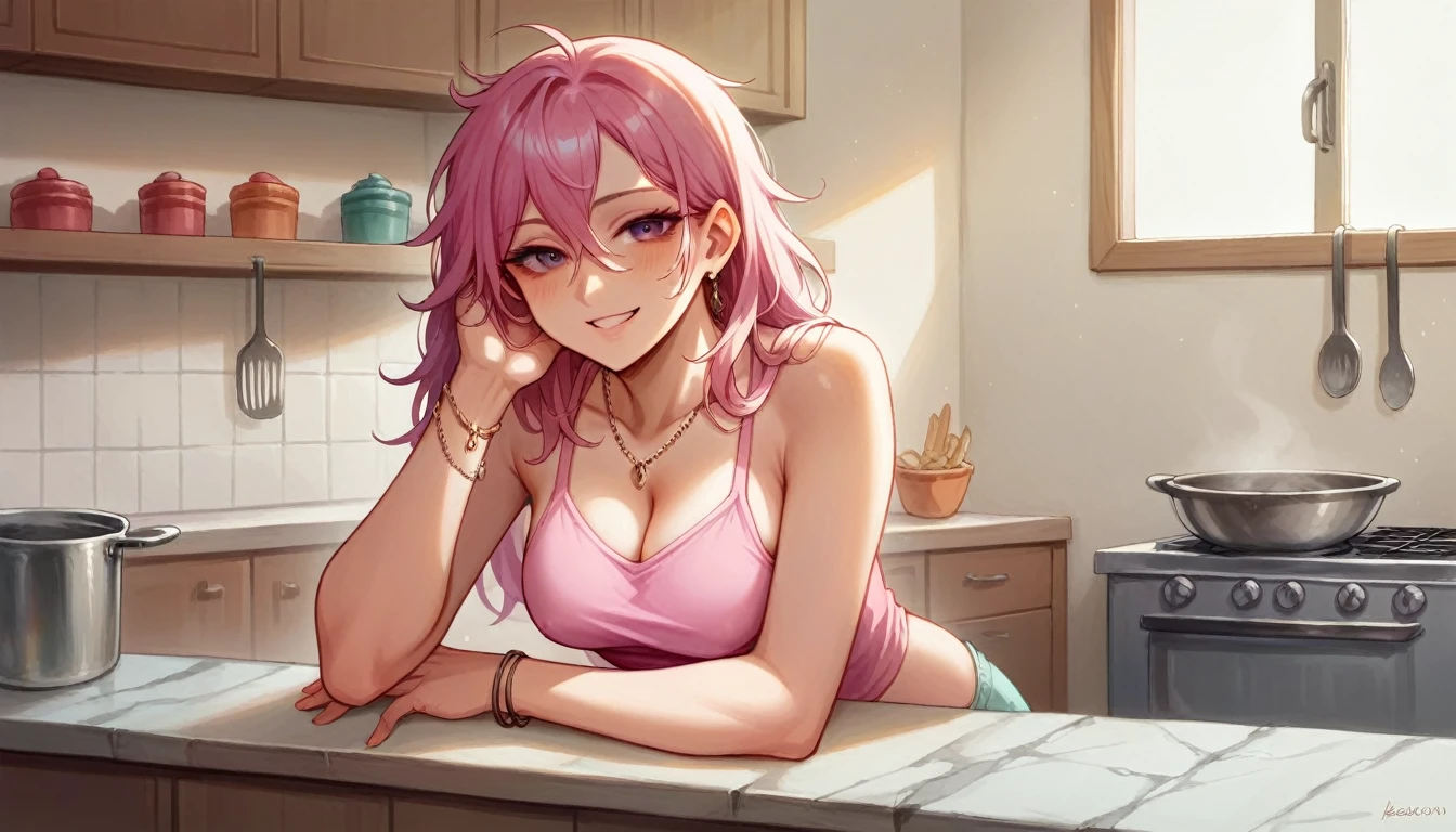 2 gorgeous 25 year old girls, wearing very small sheer pink pajama shorts and sheer pajama tank top, leaning against a kitchen counter, blond messy hair, necklaces, bracelets,  looking straight at viewer, nsfw sultry look, seductive, seductive smile, inviting expression, suggestive