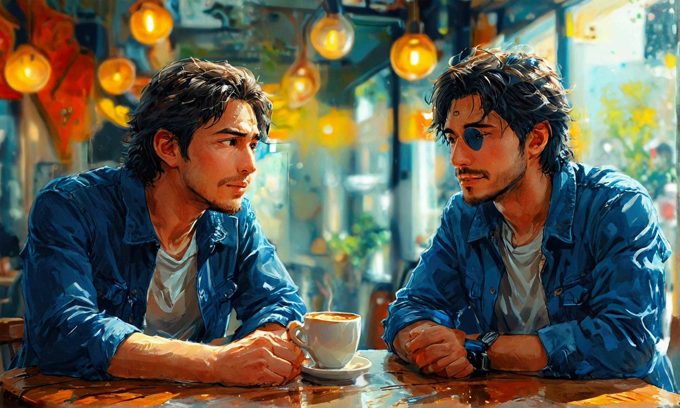 TWO MEN TALKING IN A COFFEE SHOP,manga style art,manga style art,manga style art,manga style art