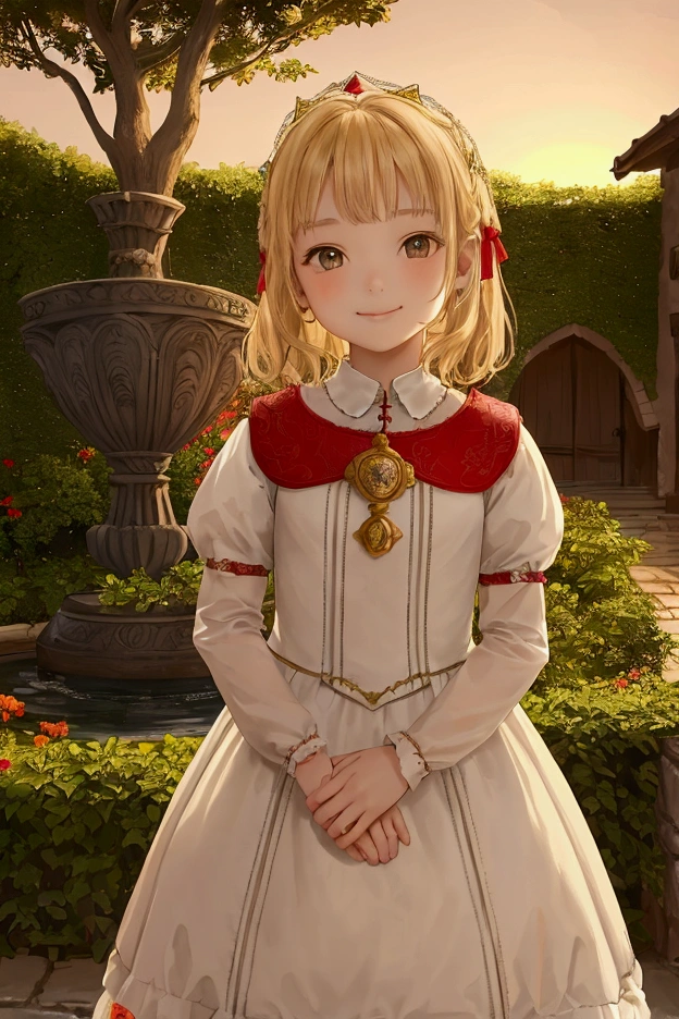 Young girl, , looking at the camera with a slight smile. He hair is blond, short to her shoulders and she is wearing a red and white dress from medieval times. The background is a beautiful garden at sunset with the sun setting. Setting: Medieval Darkness era [Drawing style: Draw Anime]