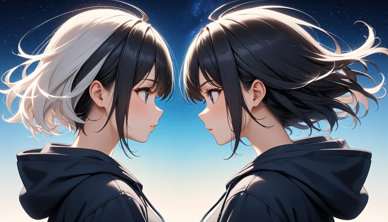 Starry Sky、One woman、Black Hair、Short Hair、Hair blowing in the wind、profile、Wearing a hoodie、Back view、Full body portrait