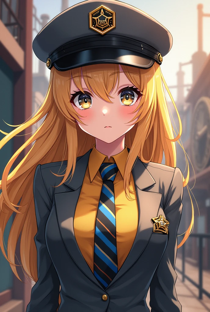 A beautiful girl with blonde hair, black and yellow shirt, with a gray hat with an insignia in the shape of a hexagon, gray suit with blue and white striped tie. In steampunk anime style