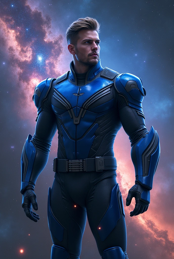 Starlord in a blue and black suit in a galaxy