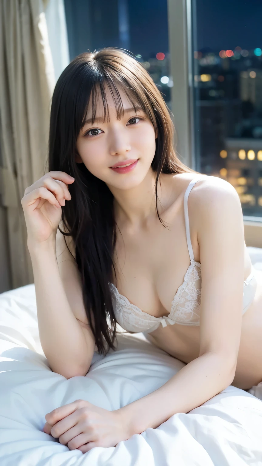 (8k、RAW Photos、Highest quality、masterpiece:1.2)、((lingerie、pubic hair、smile、Night view:1.3))、(Realistic、Realistic)、((Very flat chest、Are thin:1.2))、1 girl、((morning、sunlight、 Hotel Bedroom、bed、Lie、ear))