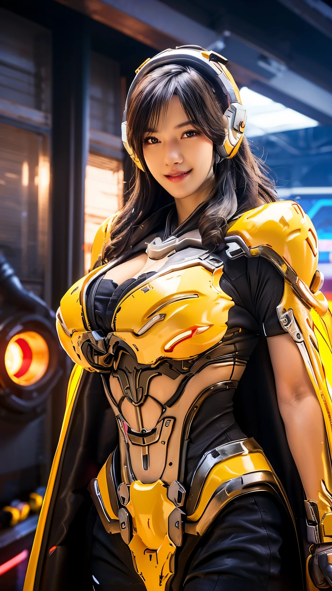 vonnyfelicia, CLOSE UP UPPER BODY,solo, COWBOY SHOT, ((E-SPORT HEADPHONE, WAVY BLODE HAIR:1.4)), (GIGANTIC FAKE BREASTS, SQUEEZE CLEAVAGE TOP, 11 LINE ABS:1.5), (TIGHT YELLOW FUTURISTIC MECHA BODYSUIT OVERWATCH, ROYAL LONG CAPE:1.5), (MUSCULAR BODY SHAPE:1.5), (CLEAN GLOSSY BODYSKIN:1.5), (LOOKING AT VIEWER:1.6), (BACKGROUND FUTURISTIC SPACE STATION:1), (Photorealsitic:1.5), (Ultra-detail), (TOP-QUALITY), (BEST SHADOWS), BRIGHT LIGHT IN ROOM, HYPER TEXTURE, (4X MSAA), ((UNREAL ENGINE 5 RENDER)), (NEON), PHYSICALLY-BASED RENDERING, ULTRA HIGHT DEFINITION, 16K, 1080P.