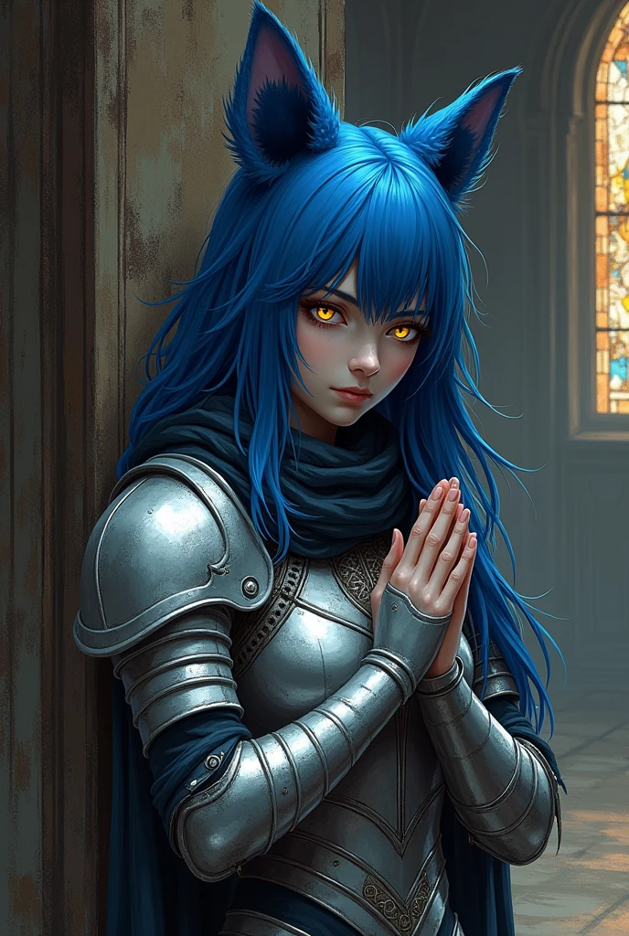 (sketch art, concept art:1.4),(masterpiece rough sketch drawing), solo closeup, dark Grey skin, praying, female Harengon cleric, dark theme, blue fur, yellow eyes, silver armor, (Akihiko Yoshida Style), church, temple, medieval city