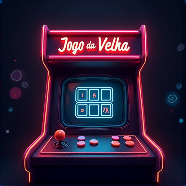 Sign reading 'Jogo Da Velha' with an arcade theme, in 2d for a game's menu screen, on the arcade screen a tic tac toe game should appear, under the arcade a black space