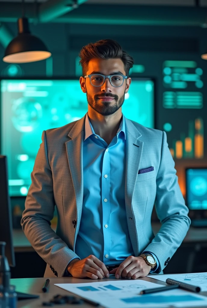 Image Description:
Create a visually striking and engaging image for a Facebook Ads campaign, designed to capture attention and generate strong interest in enrolling in an engineering course. The design should be impactful and inspire action. Include the following elements:
Central Focus:
Featured Person: Show a confident man wearing light-colored, formal attire (such as a light blue or gray suit) standing or sitting at a desk with engineering tools, a laptop displaying engineering schematics, or surrounded by tech and innovation elements. His attire should convey professionalism and approachability.
Dynamic Background: Use a vibrant and dynamic background that contrasts with the central figure. Consider a blend of modern technological elements or abstract patterns in a color palette that complements the light-colored attire.
Color Palette:
Use engaging and vibrant colors that create visual impact and contrast effectively with the light-colored attire. Consider using bold blues, greens, and metallics to evoke a sense of excitement and professionalism.
Professional and Clean Design:
Ensure the overall design is clean and professional, avoiding overcrowding. The image should convey sophistication and modernity while remaining easy to read and visually appealing at a glance and need to use a glasses.
The image should quickly grab attention, clearly communicate the benefits of the engineering course, and encourage viewers to take immediate action.