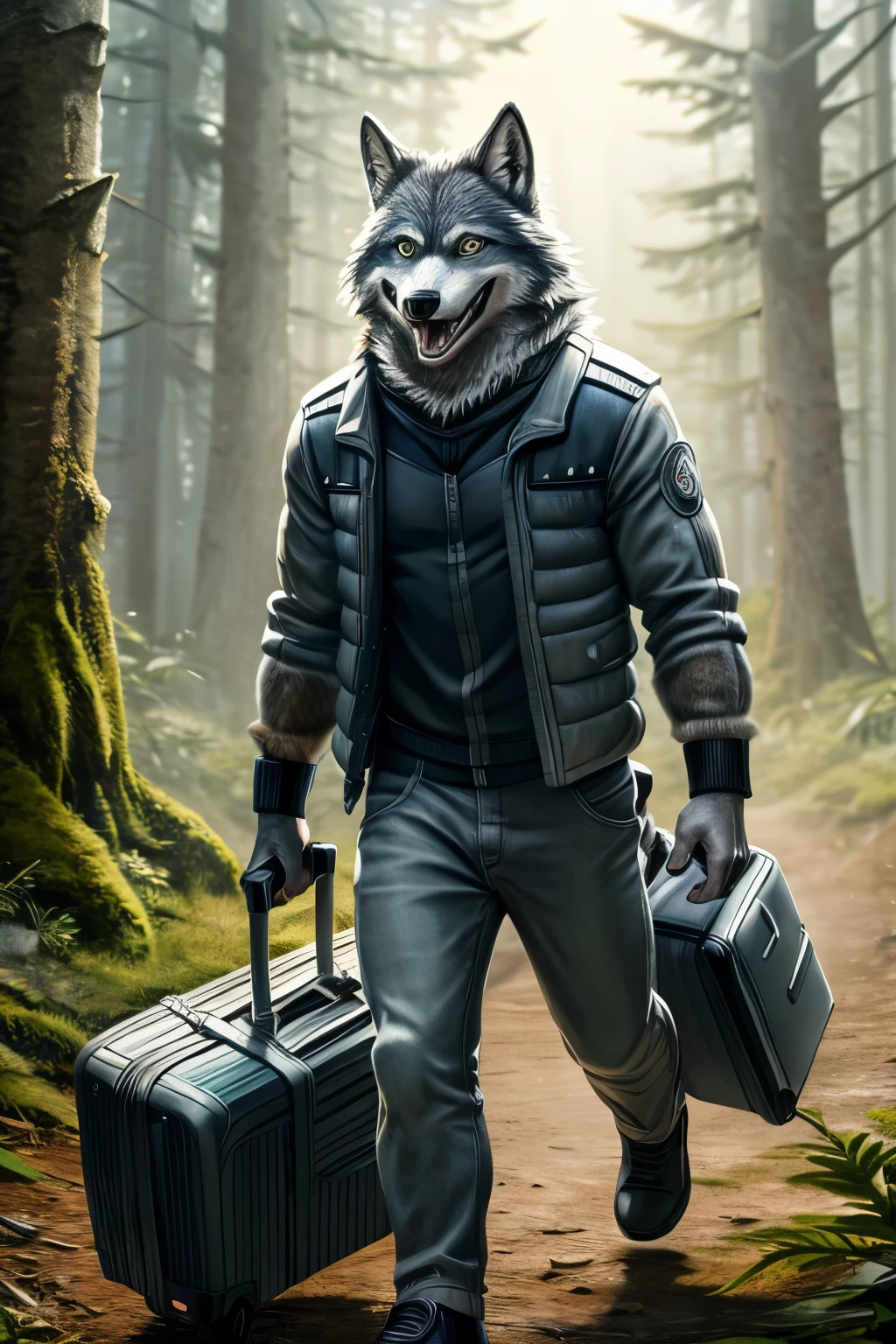 43 year old man, ALONE, ((anthropomorphic wolf)), ((wolf with realistic fur)), gray fur, detailed eye, wolf ears, gray and black jacket, happy and smiling, open mouth, full head body at the feet, walking in the forest with a suitcase on his shoulder