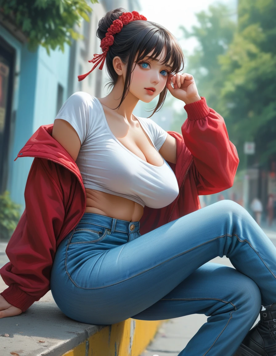 Image is a high-resolution photograph featuring a woman big busty sitting on concrete steps in an urban setting. She has a light to medium skin tone, long dark hair styled in an elaborate updo with a red hair accessory, and striking blue eyes. She is wearing a red jacket over a sheer white top that reveals a significant amount of cleavage, and distressed blue jeans. The background includes a mix of modern and older buildings, with some greenery visible. The lighting suggests it is late afternoon or early evening, casting warm tones and shadows. The overall composition is balanced, with the subject centered and the steps leading the viewer's eye into the background.anime, anatomically correct, super detail, high quality, 4K