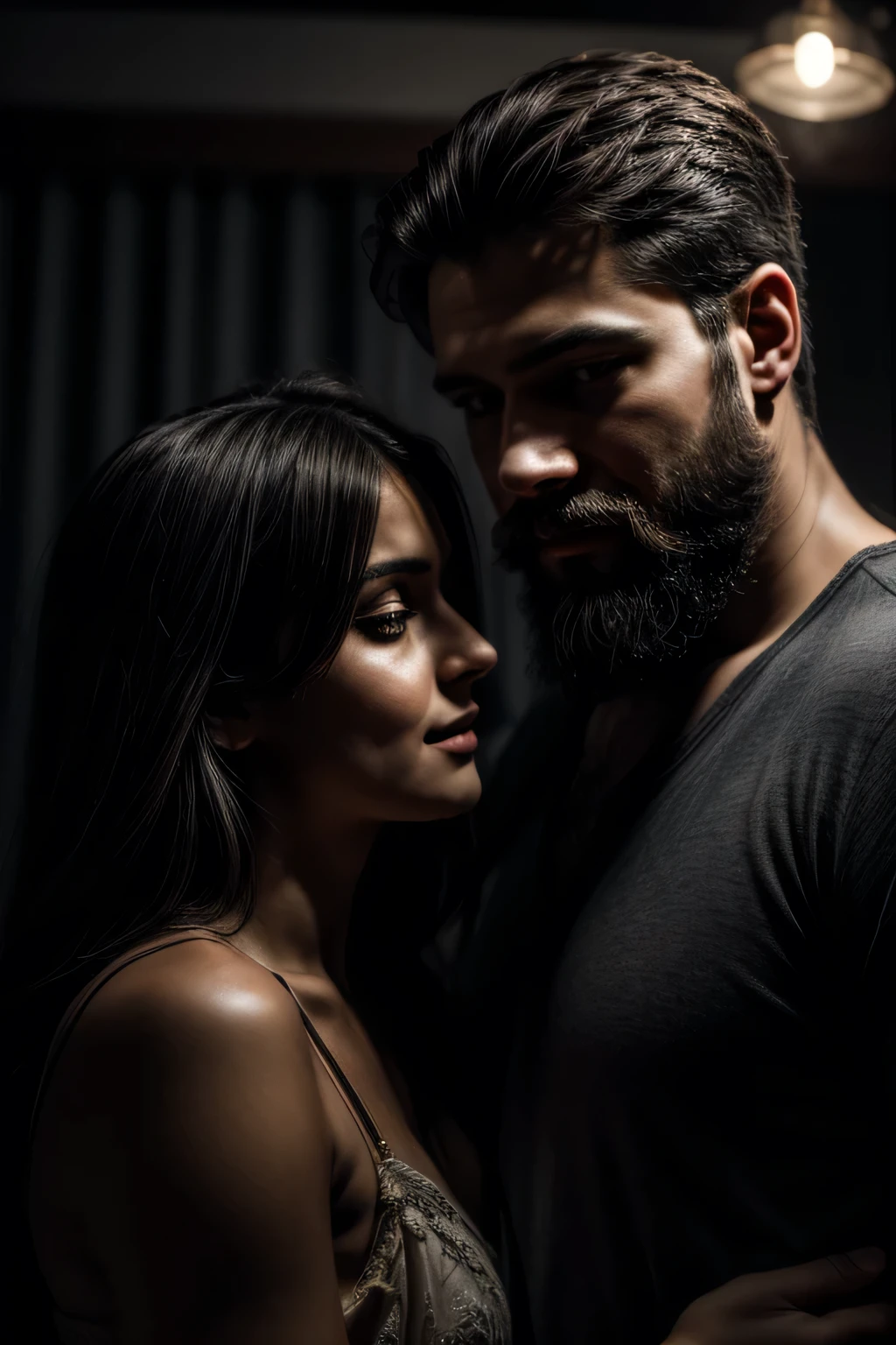 "In a dark, romantic setting, a bearded man and a flirting woman scream with happiness and pleasure. Their faces are illuminated by soft, intimate lighting, revealing an expression of satisfaction and happiness. 4K resolution captures every detail, from the texture of the fabric of the casual dress to the delicate play of shadows and light on the skin.