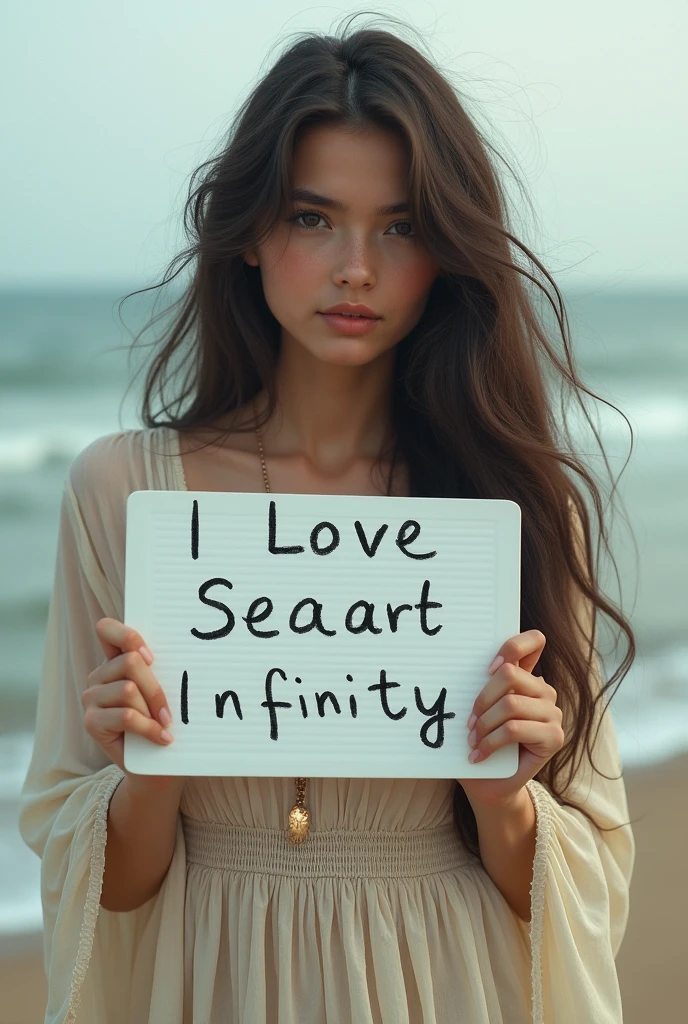 Beautiful girl with wavy long hair, bohemian dress, holding a white board with text "I Love Seaart Infinity" and showing it to the viewer