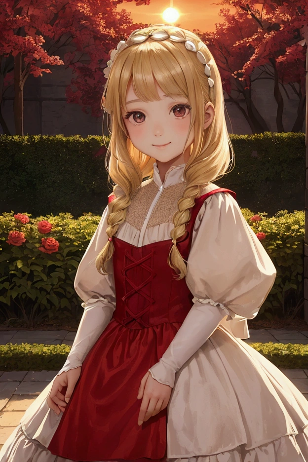 Young girl, 10 years old, looking at the camera with a slight smile. He hair is blond, short to her shoulders and she is wearing a red and white dress from medieval times. The background is a beautiful garden at sunset with the sun setting. Setting: Medieval Darkness era [Drawing style: Anime manga]