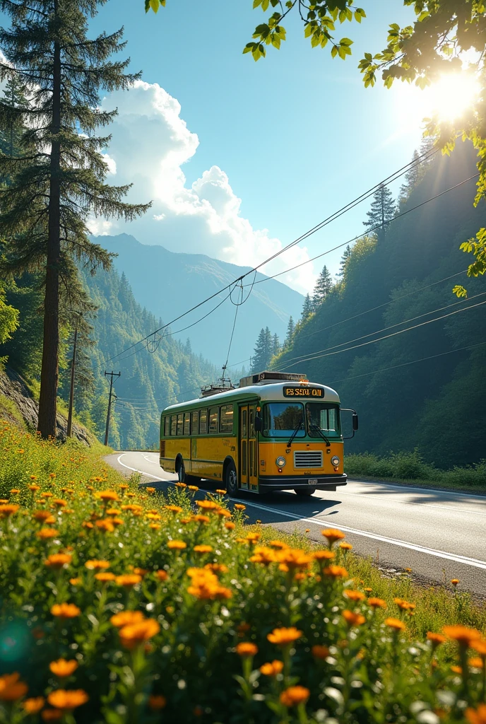 yellow and green bus traveling along the astalto on a radiant day