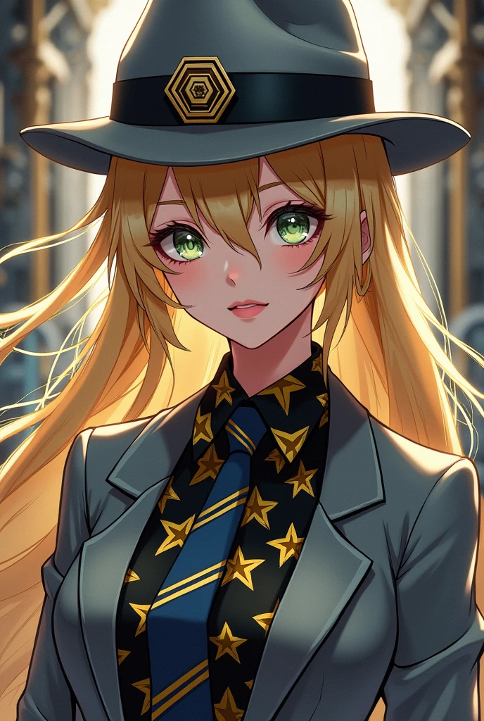 A beautiful woman with blonde hair, black and yellow shirt, with a gray hat with an insignia in the shape of a hexagon, gray suit with blue and white striped tie. In steampunk anime style