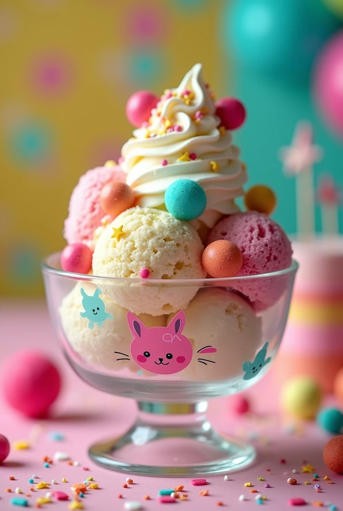 Glass bowl with ice cream and all decorated for children 