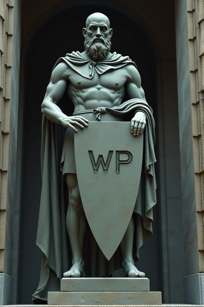A stoic statue holding a shield with the initials WP drawn on it 