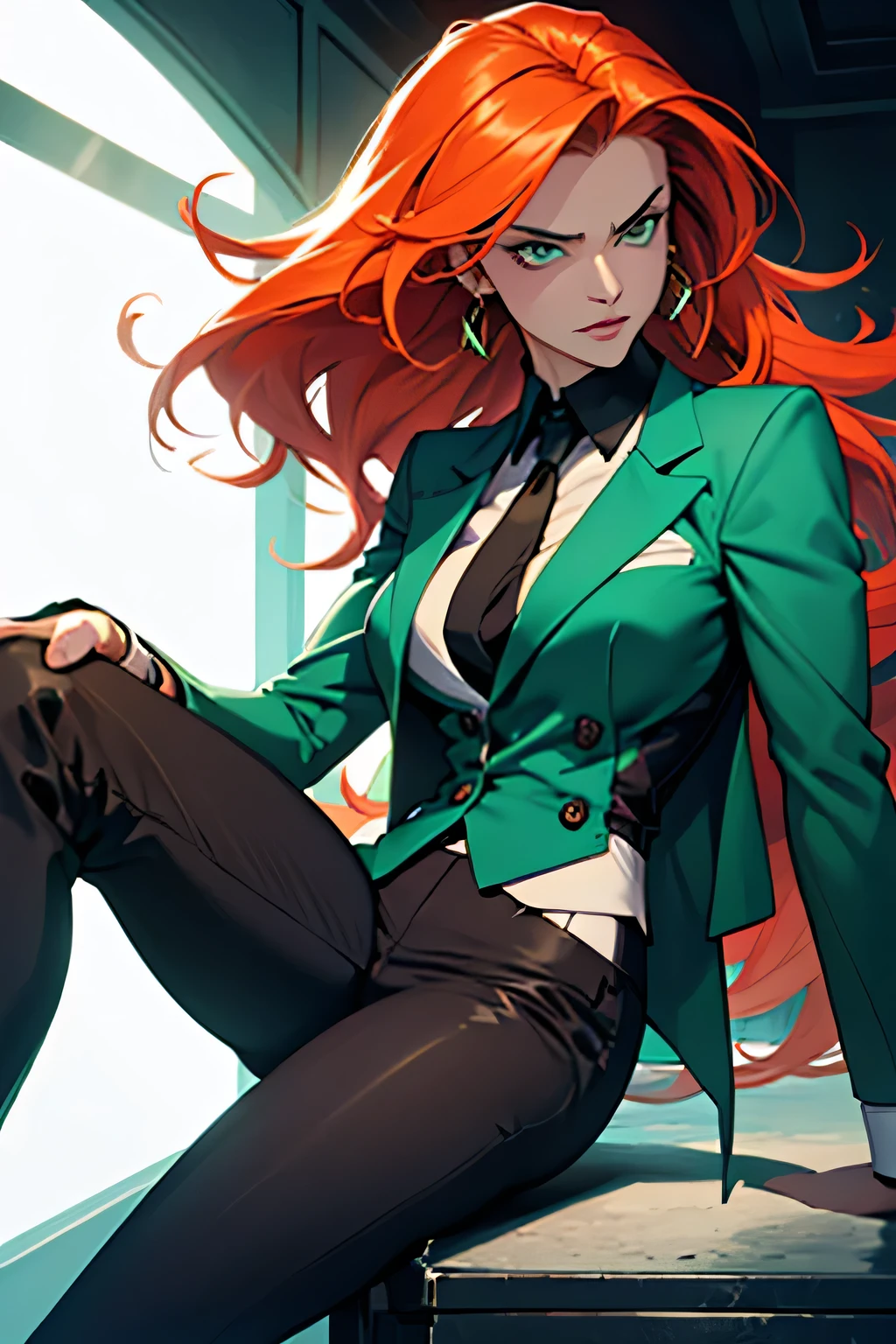 a tall, Caucasian woman with striking green eyes and vibrant orange-red long hair. She exudes wealth and power, dressed in a sharp, water-green blazer and matching tailored trousers. She wears high heels that add to her imposing height. As the CEO of a company, she has a haughty, ill-tempered, and oppressive demeanor. Her expression is one of arrogance, reflecting her prepotent and commanding personality