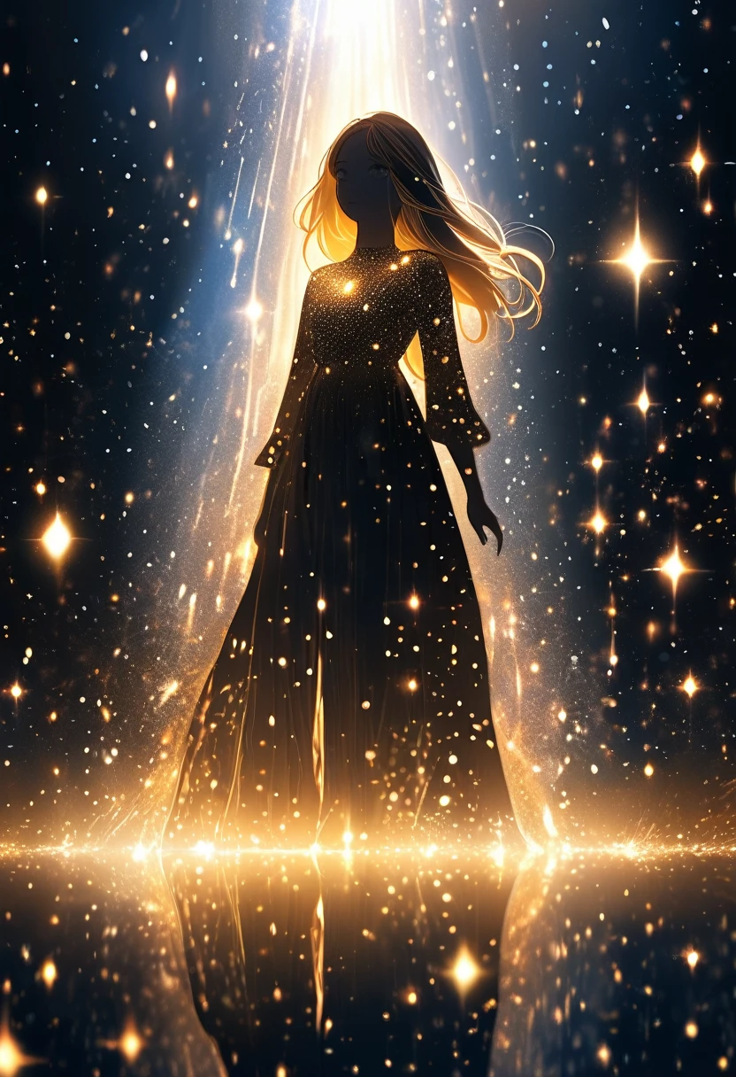 {worst quality, low quality},A girl stands in the dark, surrounded by light particles and shimmering gold sparks that form an ethereal glowing Raionn silhouette above her head. The atmosphere is mysterious with soft lighting creating a magical ambiance. Digital illustration, Best Quality, Super Detailed,