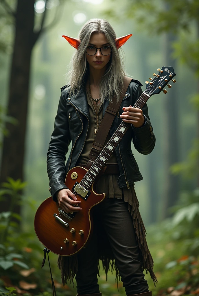 Elf guy with long hair, spectacled, Leather jacket, in boots and with an electric guitar in his hands in the forest