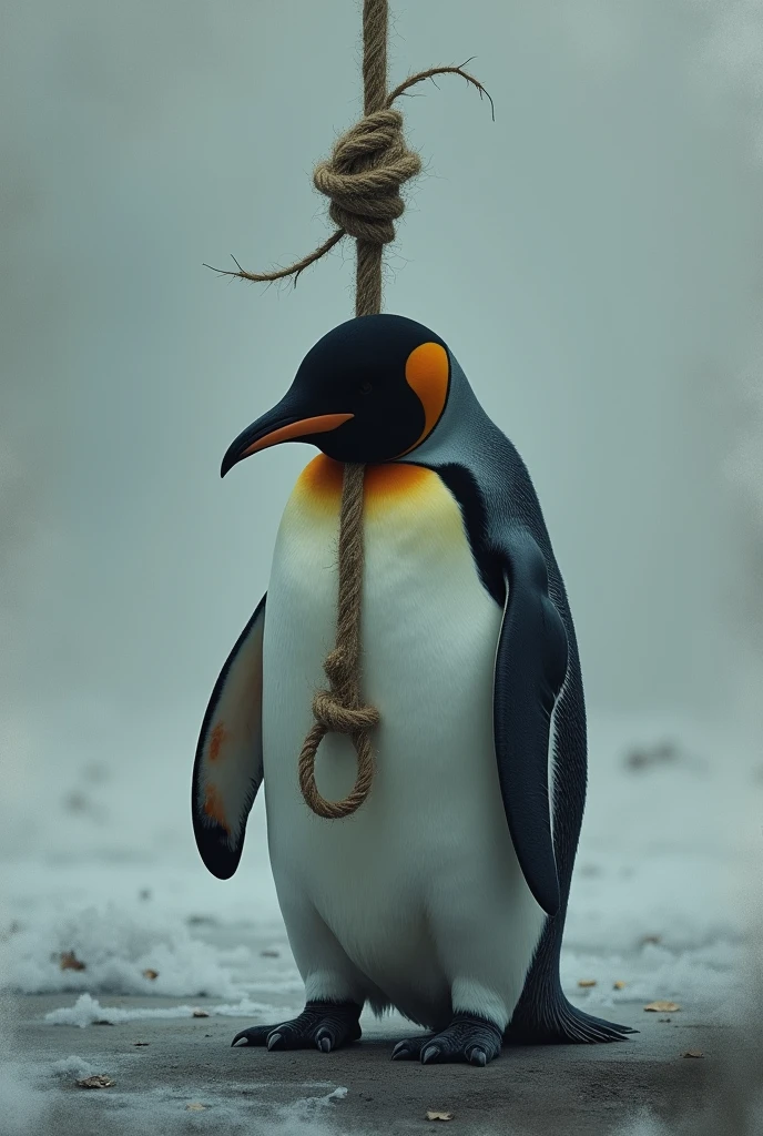 Penguin committing suicide with rope around his neck