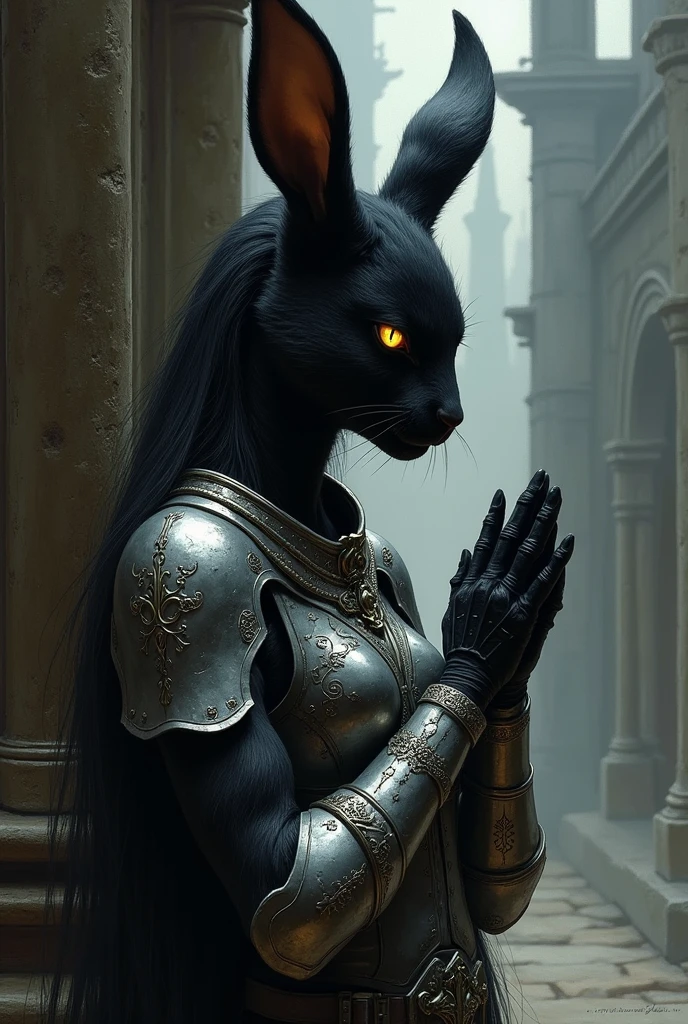 (sketch art, concept art:1.4),(masterpiece rough sketch drawing), solo closeup, dark Grey bunny form, praying, female Harengon cleric, dark theme, black fur, yellow eyes, silver armor, (Akihiko Yoshida Style), church, temple, medieval city