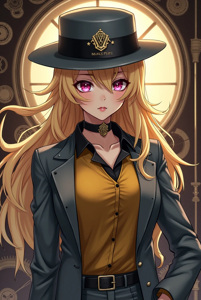 A beautiful woman with blonde hair, black and yellow shirt, with a gray hat with an insignia in the shape of a hexagon, gray suit with blue and white striped tie. In steampunk anime style