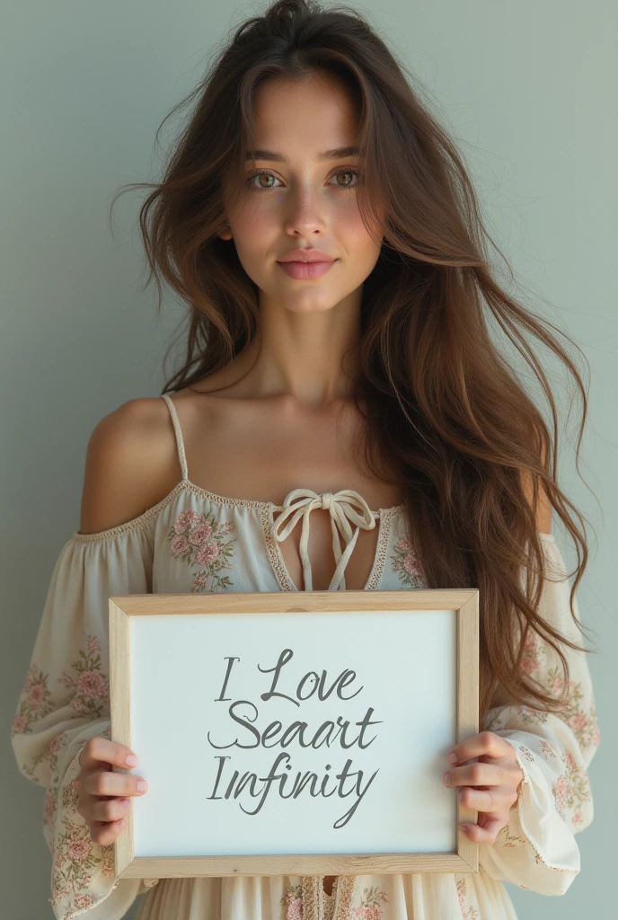 Beautiful girl with wavy long hair, bohemian dress, holding a white board with text "I Love Seaart Infinity" and showing it to the viewer