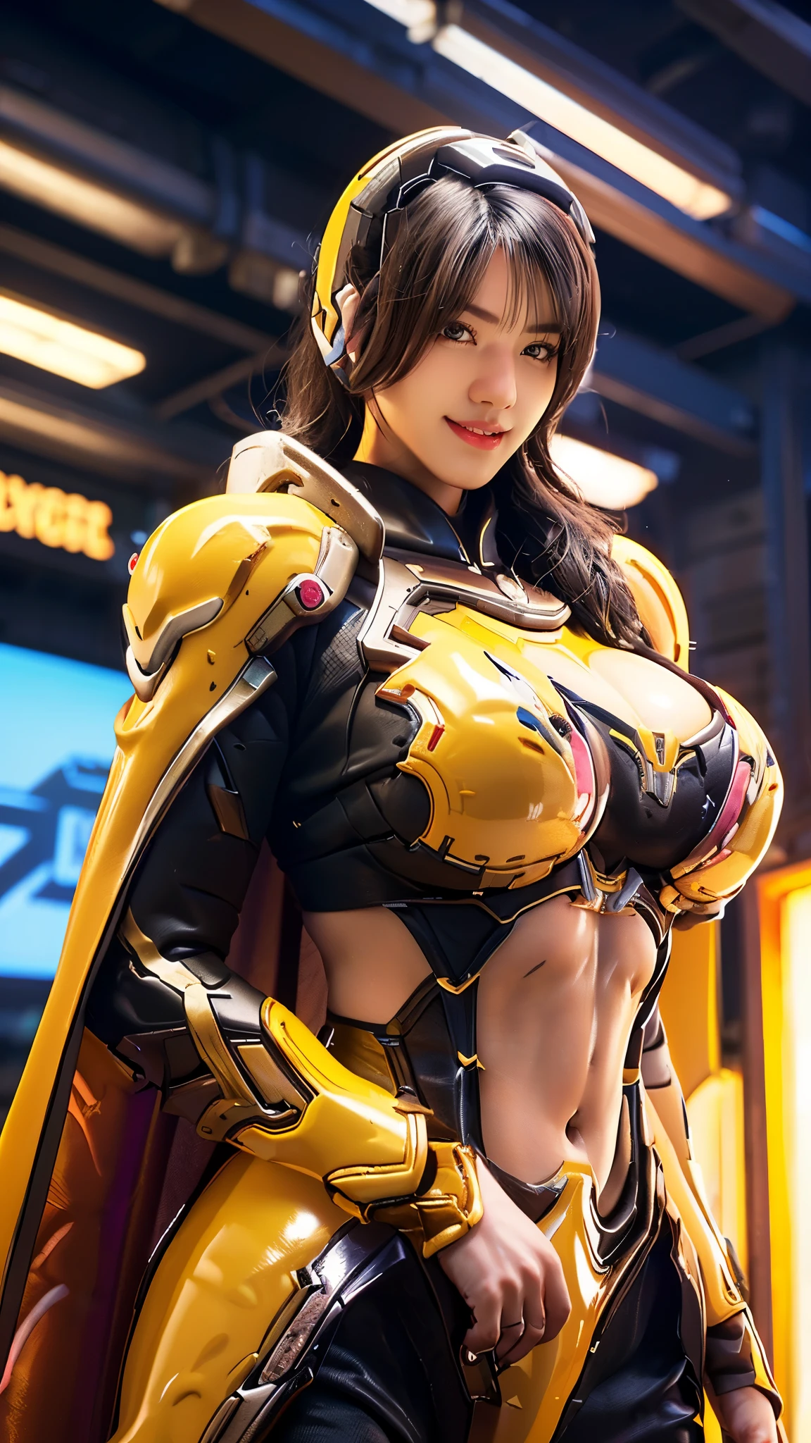 vonnyfelicia, CLOSE UP UPPER BODY,solo, COWBOY SHOT PORTRAIT, ((E-SPORT HEADPHONE, WAVY BLODE HAIR:1.4)), (GIGANTIC FAKE BREASTS, SQUEEZE CLEAVAGE TOP, 11 LINE ABS:1.5), (TIGHT YELLOW FUTURISTIC MECHA BODYSUIT OVERWATCH, ROYAL LONG CAPE:1.5), (MUSCULAR BODY SHAPE:1.5), (CLEAN GLOSSY BODYSKIN:1.5), (LOOKING AT VIEWER:1.6), (BACKGROUND FUTURISTIC SPACE STATION:1), (Photorealsitic:1.5), (Ultra-detail), (TOP-QUALITY), (BEST SHADOWS), BRIGHT LIGHT IN ROOM, HYPER TEXTURE, (4X MSAA), ((UNREAL ENGINE 5 RENDER)), (NEON), PHYSICALLY-BASED RENDERING, ULTRA HIGHT DEFINITION, 16K, 1080P.