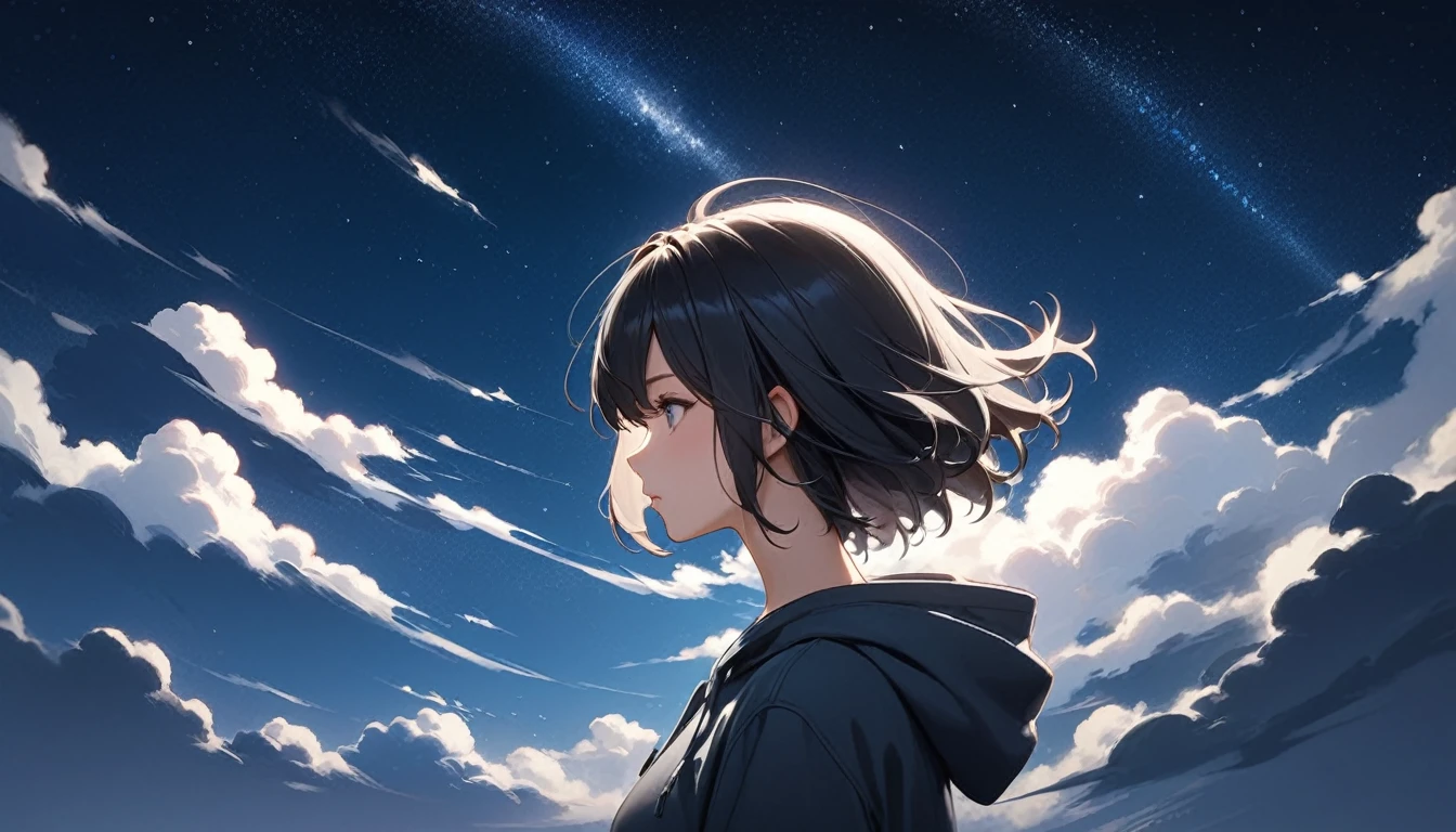 Starry Sky、One woman、Black Hair、Short Hair、Hair blowing in the wind、profile、Wearing a hoodie、Back view、Full body portrait