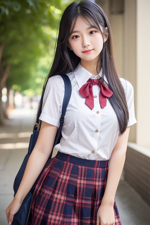 One person,high school girl,cute,High resolution, Super Breasts,Long black hair, Highest quality, High resolution, 超High resolution,White blouse,Red tie、Navy blue checked skirt,School,corridor,School bag on shoulder