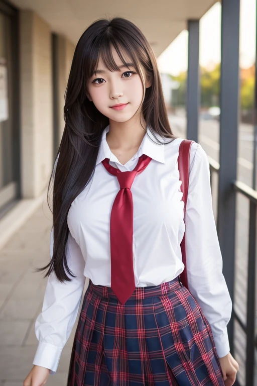 One person,high school girl,cute,High resolution, Super Breasts,Long black hair, Highest quality, High resolution, 超High resolution,White blouse,Red tie、Navy blue checked skirt,School,corridor,School bag on shoulder
