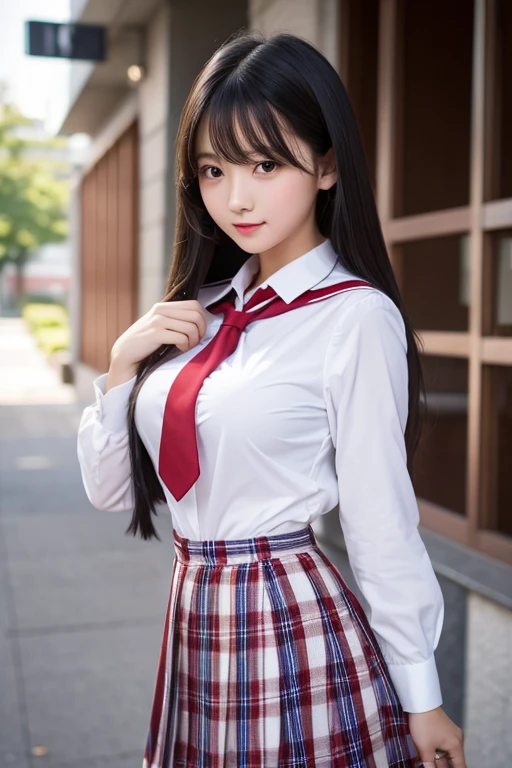 One person,high school girl,cute,High resolution, Super Breasts,Long black hair, Highest quality, High resolution, 超High resolution,White blouse,Red tie、Navy blue checked skirt,School,corridor,School bag on shoulder