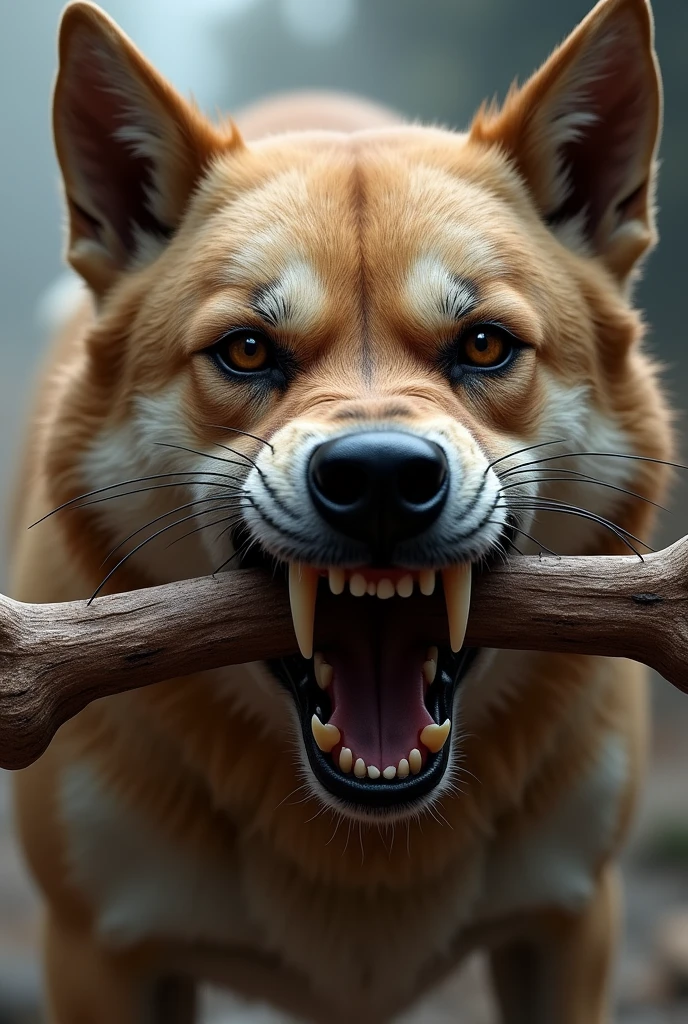 A fierce dog biting a bone between its teeth but only the face