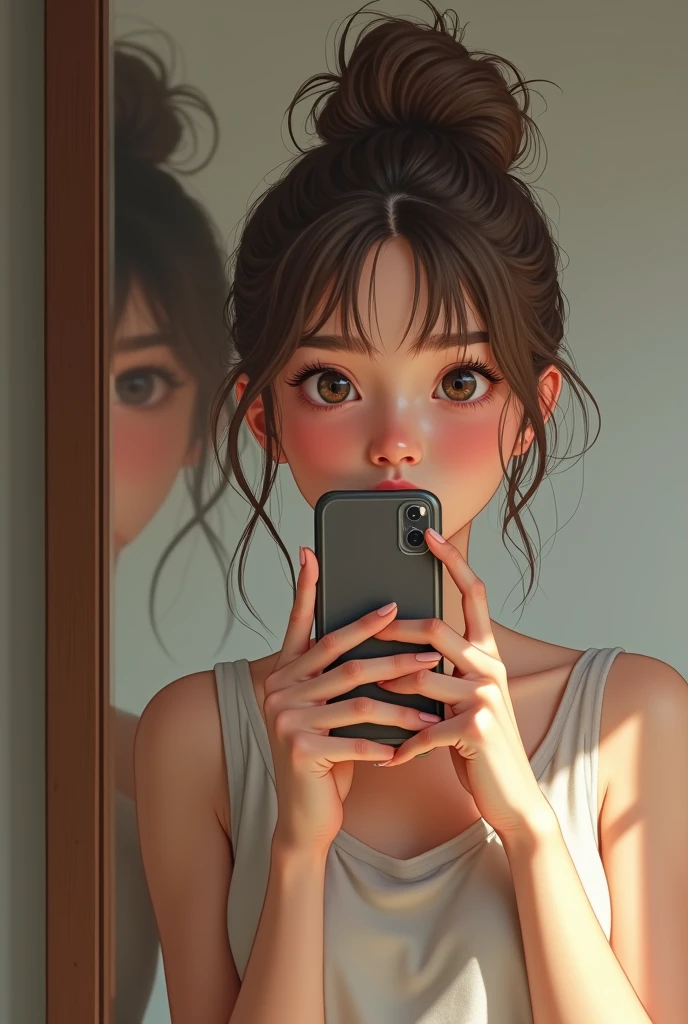 sweet 14 year old girl, Light brown bun hair, fully body, in front of the mirror taking a picture with the cell phone, make it look very real, without many reflections in the photo