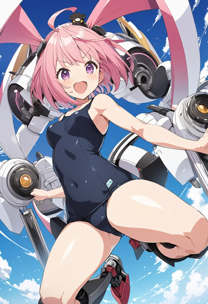 Black School Swimsuit、Sexy、Pink Hair（The bristles are green）、Bob hairstyle（Curled bristles）、White unit on head、Laugh and wink、Draw a giant bow、Black knee-high socks、mechanical boot、Shoulder out、Thighs、fly in the sky、Ahoge、Sky Sky、high resolution、Anime-style illustrations