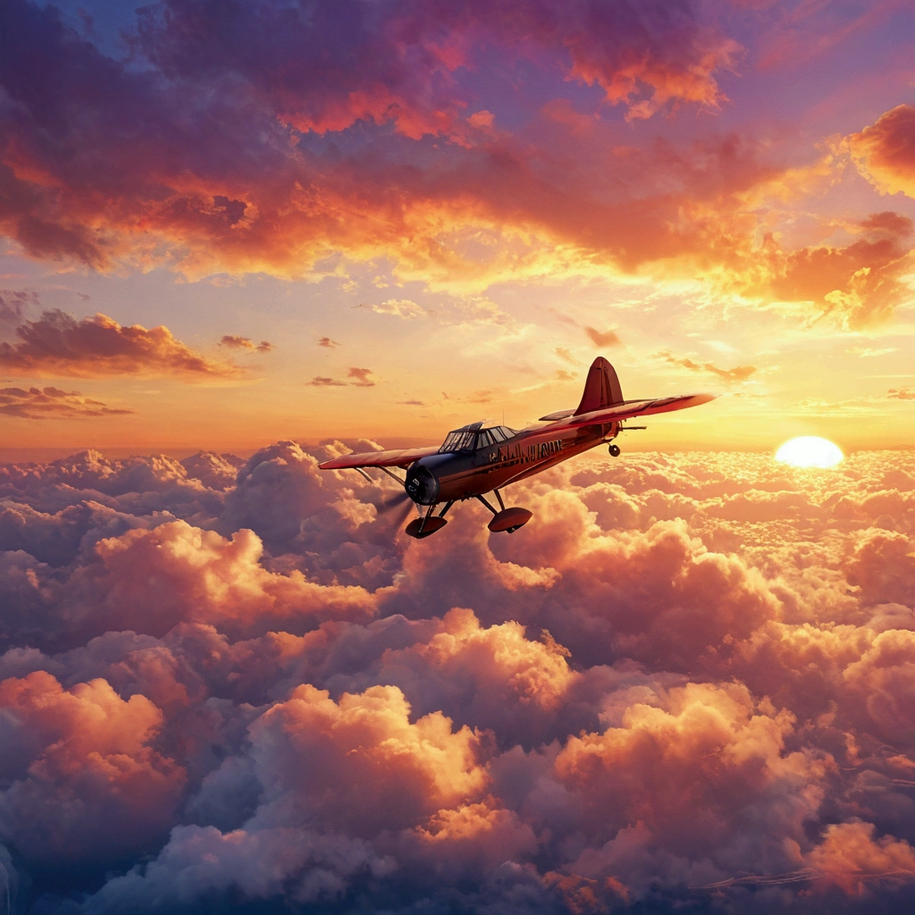 A small plane is flying in the cloudy sky, Flying into the sunset, Flying in the clouds, Flying in the clouds, flying above clouds, Beautiful digital art, Flying biplane, Highly detailed digital artwork, by Brian Thomas, fly in the sky飛行機, Rise above the clouds, Flat Illustration, fly in the sky, Digital Paint, Martin Benka High Resolution,