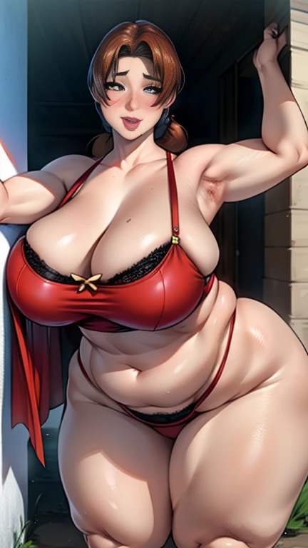 Hot mom，solo，（：1.3），ssbbw,very thick thighs，upper legs，very Wide buttock，dent in the skin, short detailed hair，curlies，ssmile，cheerfulness，（Red lace apron：1.2），cparted lips，plumw，exposed midriff，protruding areolas，gigantic cleavage breasts，4K，realistic humid skin，Armpits，very Large curved hips，a variety of poses，Fleshy figure，with perfect legs，Hypertrophic，protruding areolas，bronzed skin，Detailed lips，gigantic butt，Dewy，mouth drool，Lick，Place your fingers between your legs，Hungry and thirsty housewives，erected，Wrinkles，Eyes look at the lens，A shy look，Blushing aunt，Two braids，Smooth skin，Very meticulous clothes，Intriguing set，extremly high detail，A detailed face，Gloss on lips，bronze，In the alley，super breasts，Feminine and colorful