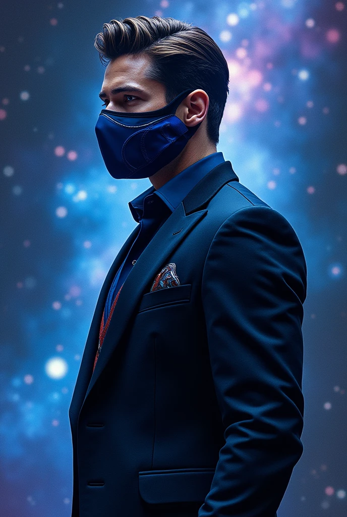 Starlord in a gala suit or going out blue with black in a galaxy with his combat mask, and the hair tinted blue with white. From the middle of the body