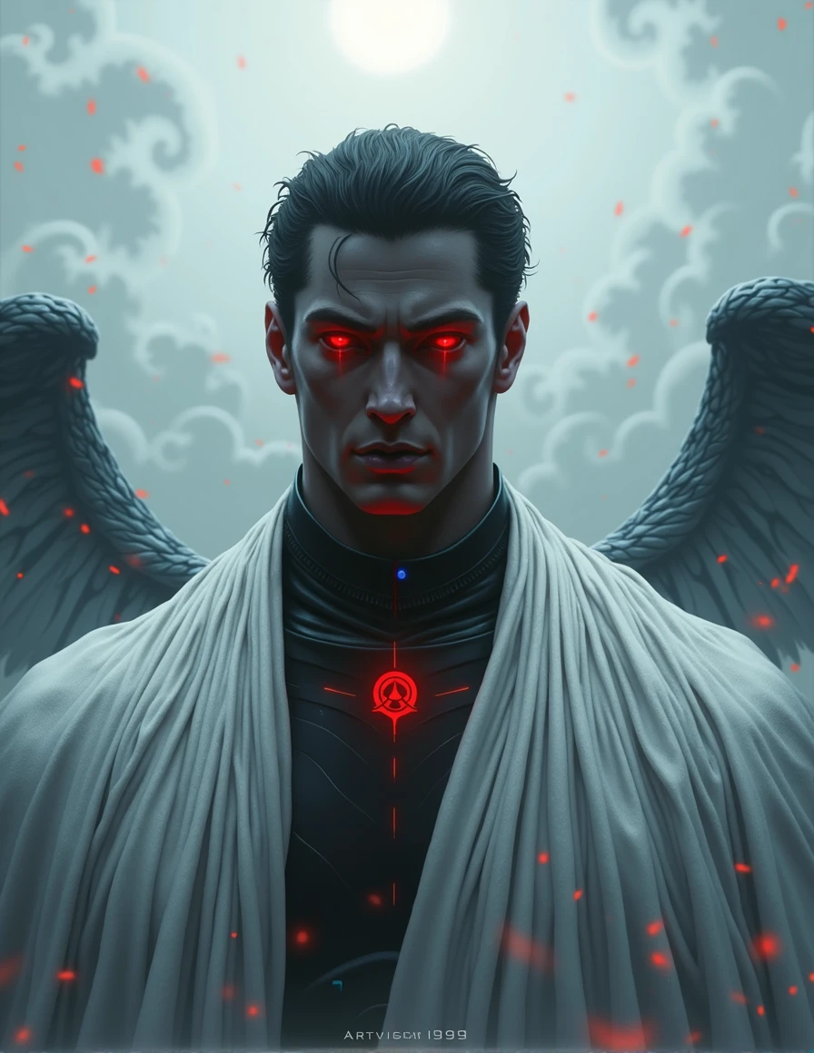 Fantasy-style illustration featuring a dramatic and intense scene. The layout is vertical, with a large, ethereal figure on the right side, draped in flowing white robes and possessing large, detailed wings. The figure has a serene, almost sorrowful expression, with pale skin and long, flowing hair. On the left side, Guts, the Black Swordsman, its massive blade glowing with a faint blue light. His face is partially obscured by his helmet, revealing a determined expression. The background is filled with swirling red mist and indistinct forms, adding to the chaotic and otherworldly atmosphere. The overall color palette is dominated by shades of red and white, creating a stark contrast between the two figures. At the bottom center, a circular logo bears the text 'Artvision1999' in a gothic font, subtly blending into the ominous environment.