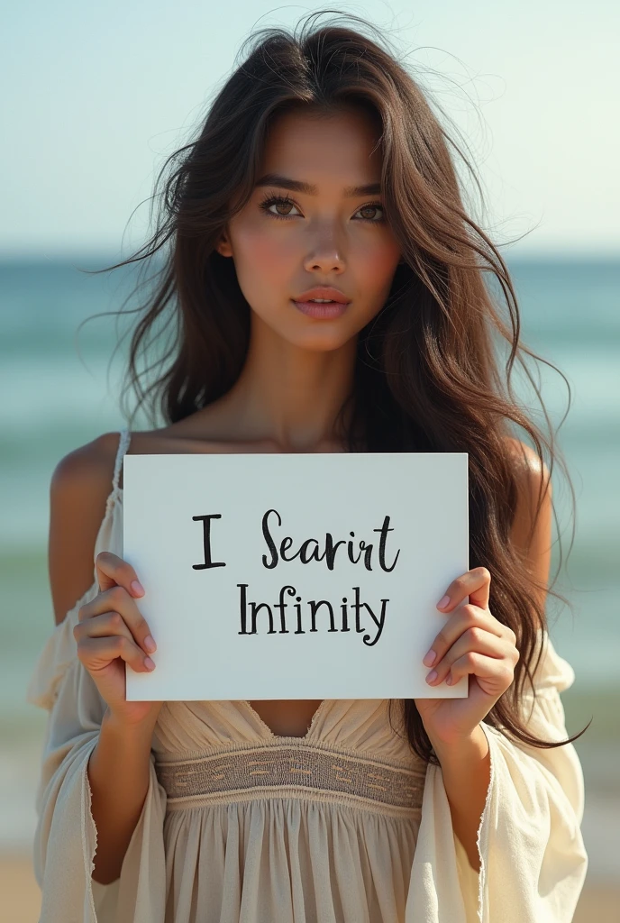 Beautiful girl with wavy long hair, bohemian dress, holding a white board with text "I Love Seaart Infinity" and showing it to the viewer