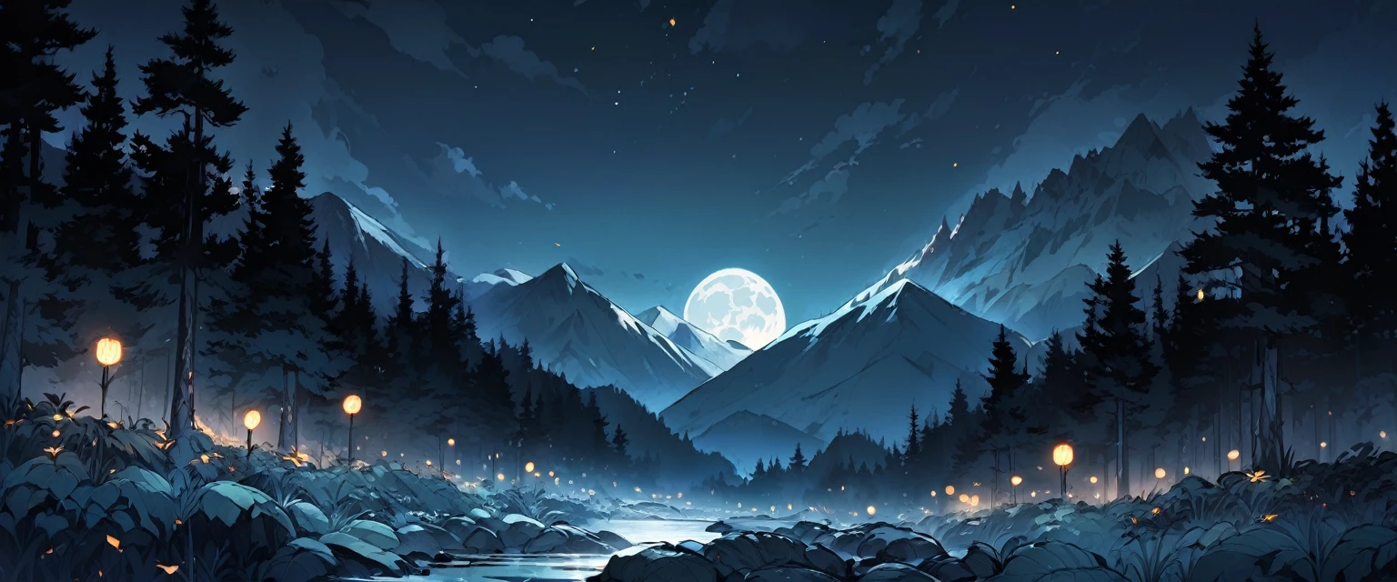 dark forest at night , moon ,mountain