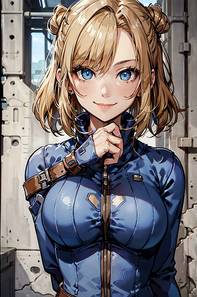 ((best quality)), ((masterpiece)), (detailed), 1girl, perfect face, happy face, smile, perfect hands, five finger, Fallout, portrait from the waist up, facing the camera, Crypt suit, perfect eyes, blue crypt suit, short blonde hair, slanted fringe, little cleavage showing, giving thumbs up sign,