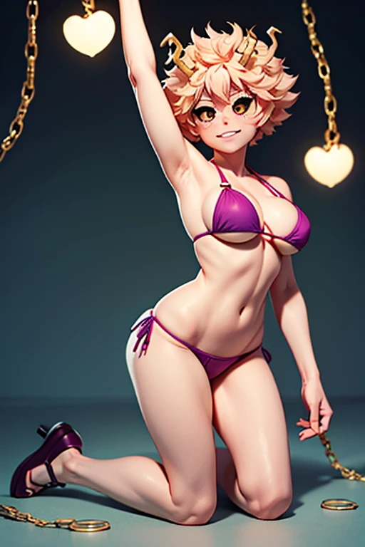 Mina Ashido from My Hero Academia in a bikini kneeling and chained by the neck and legs 