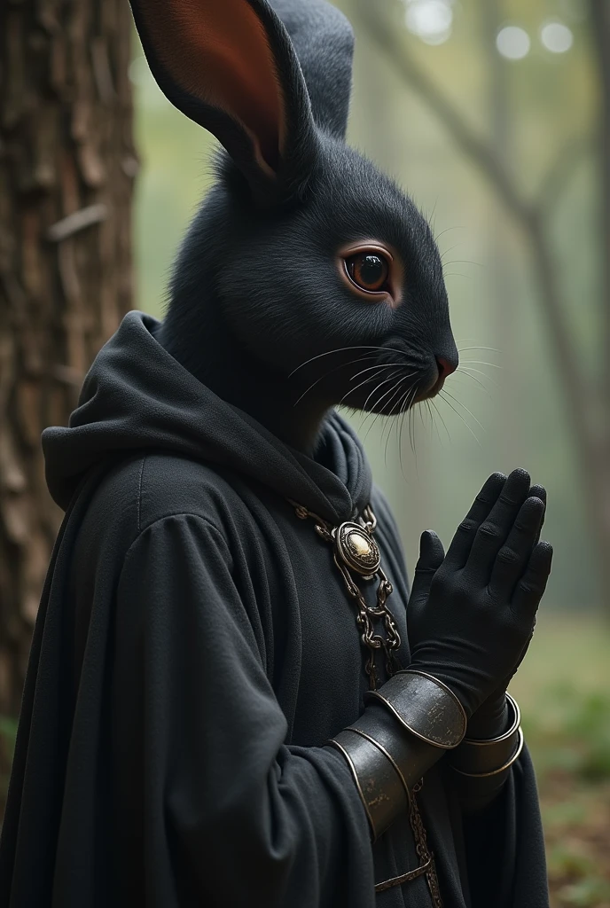 solo closeup, dark Grey skin, praying, female Harengon cleric dnd 5e bunny female race
