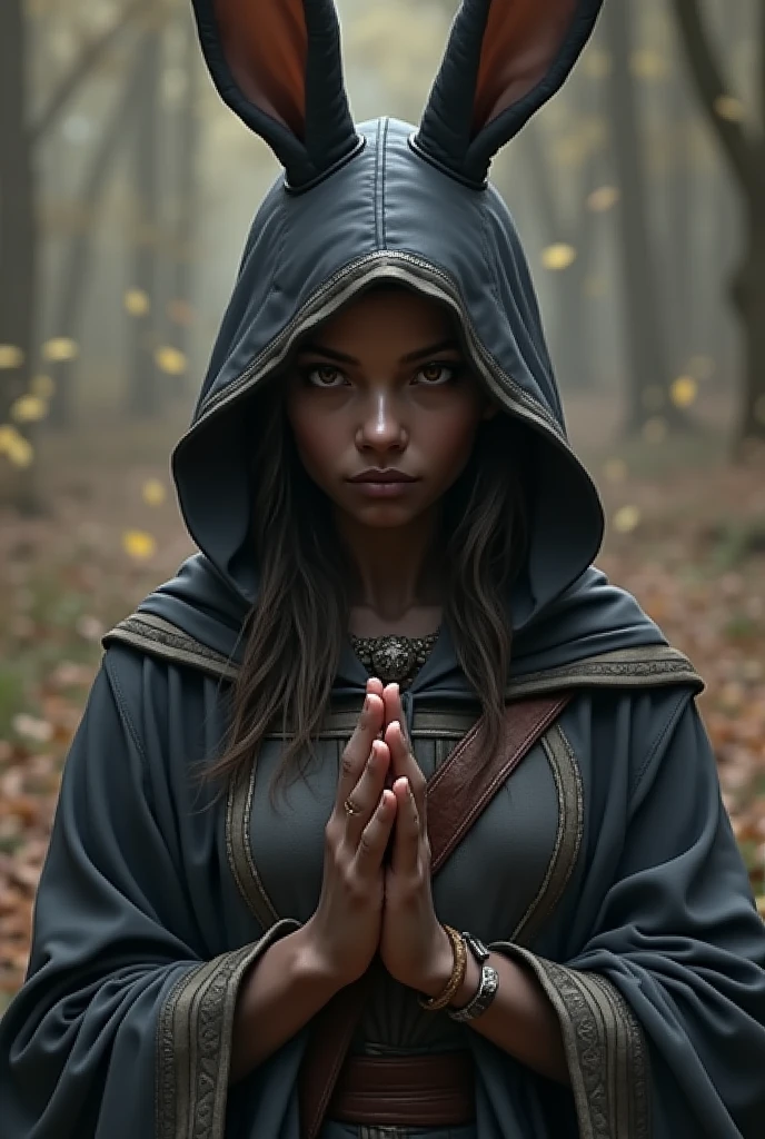 solo closeup, dark Grey skin, praying, female Harengon cleric dnd 5e bunny female race