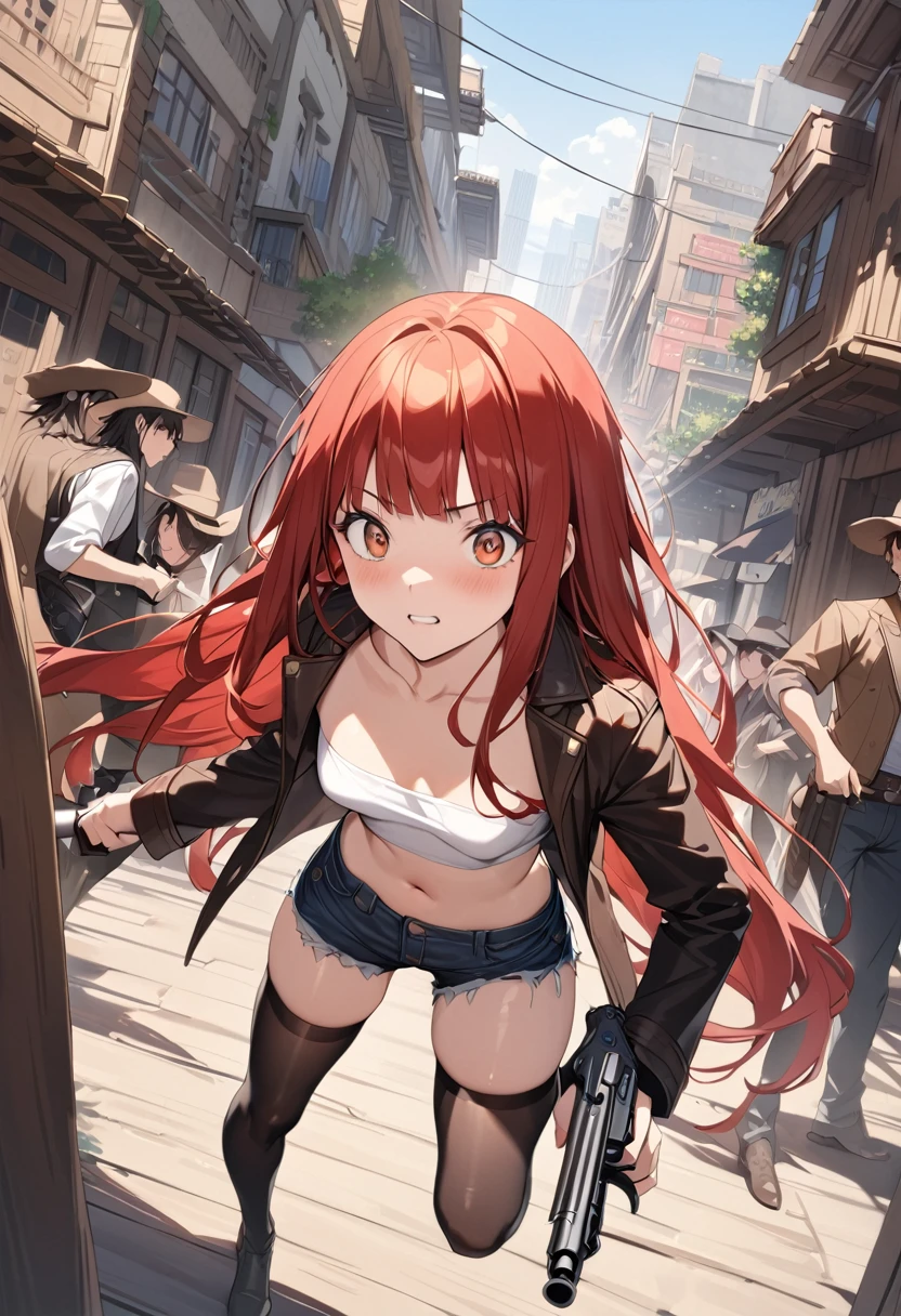 Action Scenes、Gunfight、((masterpiece,best quality anime,Highest quality:1.3)),realistic,cowboy shot,(25 year old beauty), gunslinger ,1woman,独奏,((very small head:1.4)),((very long body:1.3)),red hair,bangs,straight long hair,gorgeous big eyes,brown eyes,Sharp Eyes,(Black long coat),Wear a tube top shirt under your coat,navel、(denim micro shorts、black_thighhighs),((slender body:1.3,skinny)),small breasts,gleaming skin,shiny skin,Holding a gun in hand、revolver、((Shoot a gun、Shooting stance)),sunny、Western cityscape、The World of Westerns、