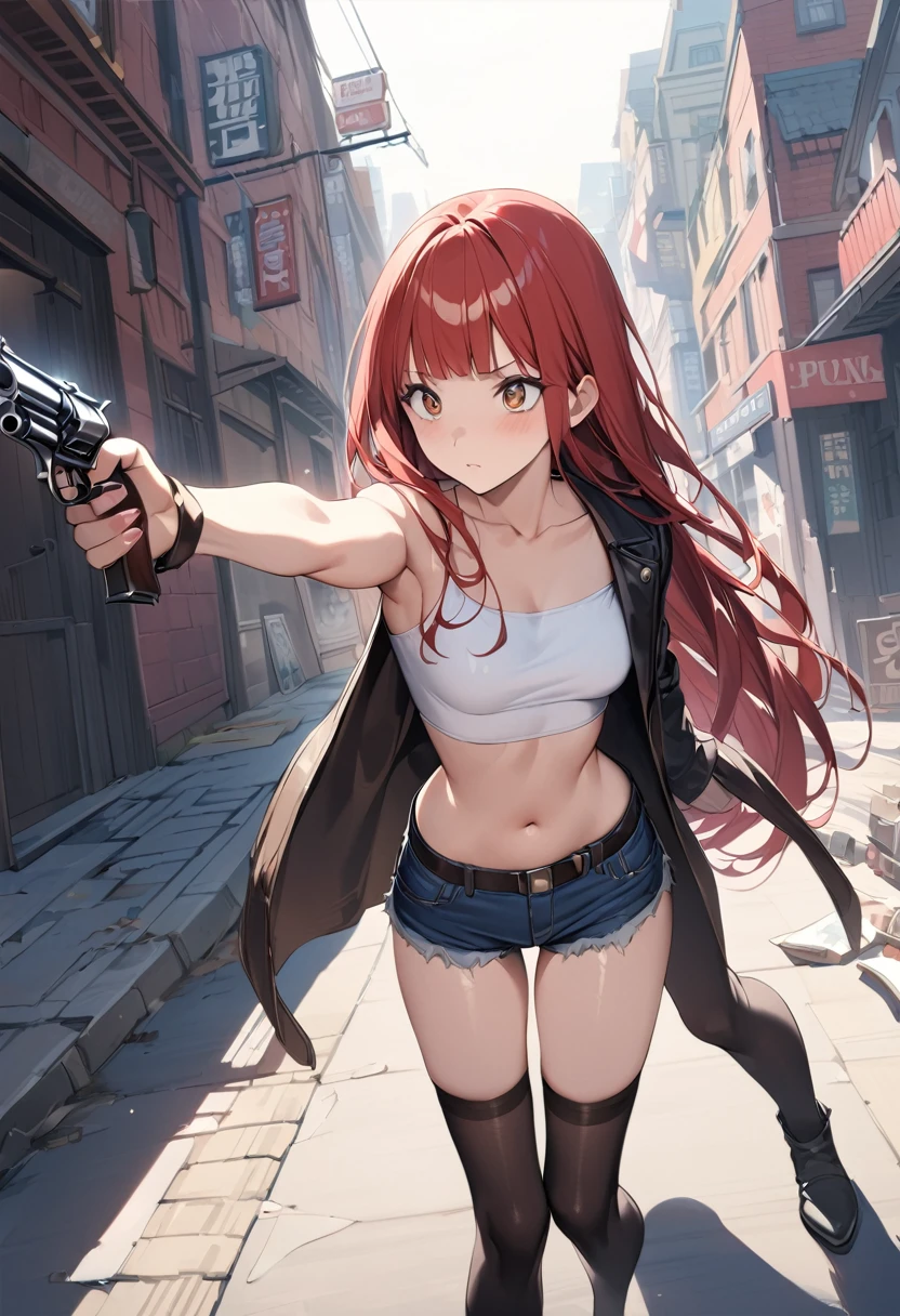 Action Scenes、Gunfight、((masterpiece,best quality anime,Highest quality:1.3)),realistic,cowboy shot,(25 year old beauty), gunslinger ,1woman,独奏,((very small head:1.4)),((very long body:1.3)),red hair,bangs,straight long hair,gorgeous big eyes,brown eyes,Sharp Eyes,(Black long coat),Wear a tube top shirt under your coat,navel、(denim micro shorts、black_thighhighs),((slender body:1.3,skinny)),small breasts,gleaming skin,shiny skin,Holding a gun in hand、revolver、((Shoot a gun、Shooting stance)),sunny、Western cityscape、The World of Westerns、