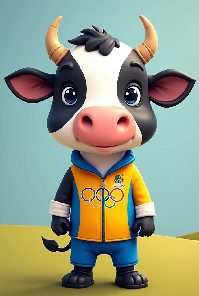 cute black and white cute cow with blue and yellow olympics uniform