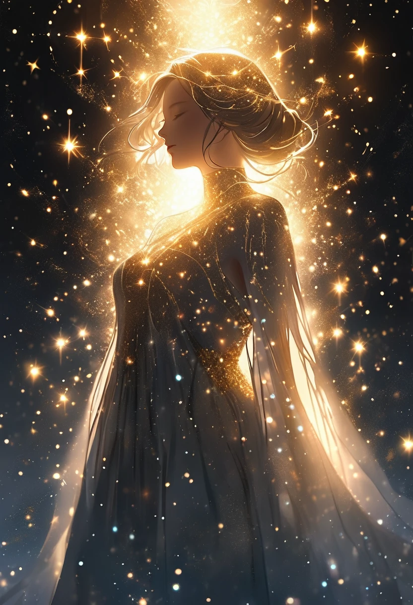 {worst quality, low quality}, surrounded by light particles and shimmering gold sparks that form an ethereal glowing Raionn silhouette above her head. The atmosphere is mysterious with soft lighting creating a magical ambiance. Digital illustration, Best Quality, Super Detailed,