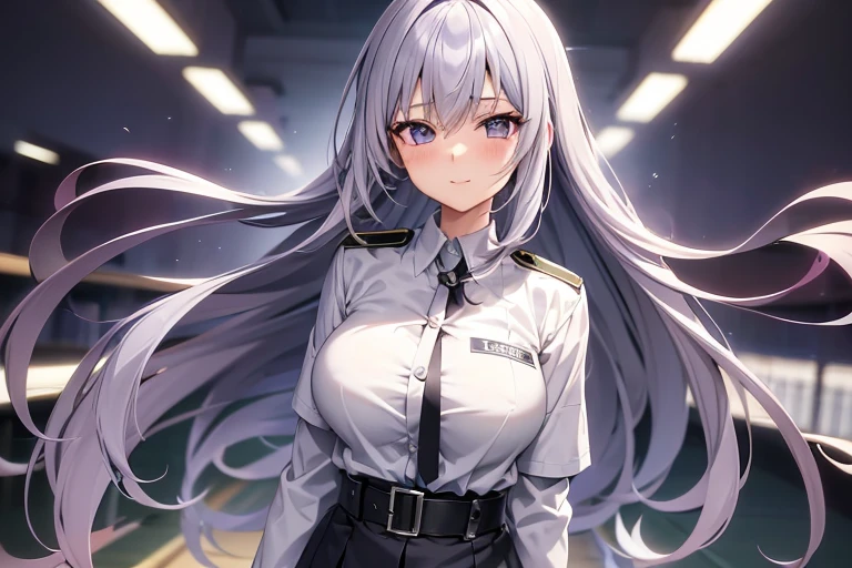 One Adult Anime Girl 2d Long Hair Loose light Purple-Grayish, Age Adulthood adult, she is leader, happy, Victorious,. Ropa de policía de alto nivel , jail background, white Scleriotica
